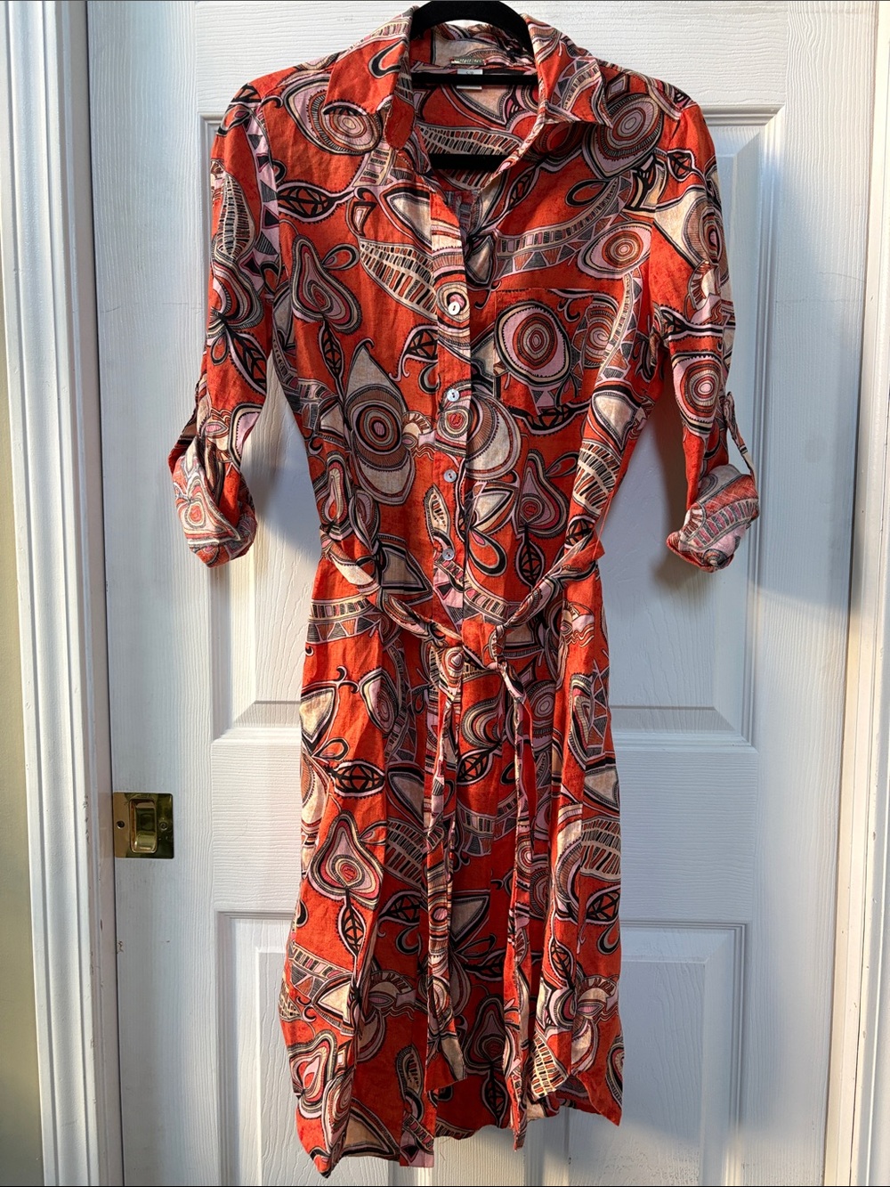 Magaschoni 100% linen roll tab shirt dress, size S